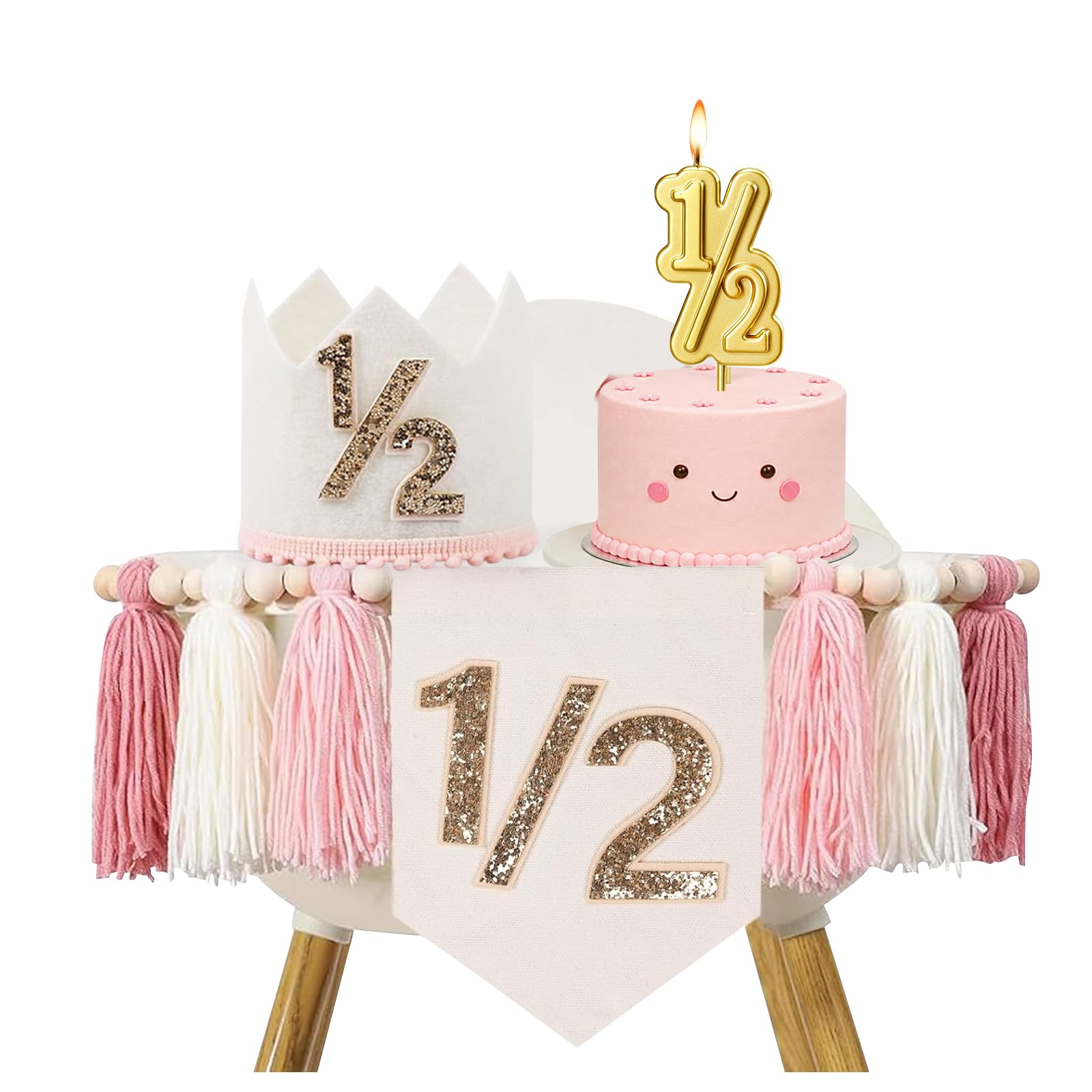 Photo 1 of 1/2 Birthday Girl, Half Birthday Decorations, 6 Month High Chair Banner, Bling Party Decorations Set With Handmade Cake Candle Crown Hat (Pink)