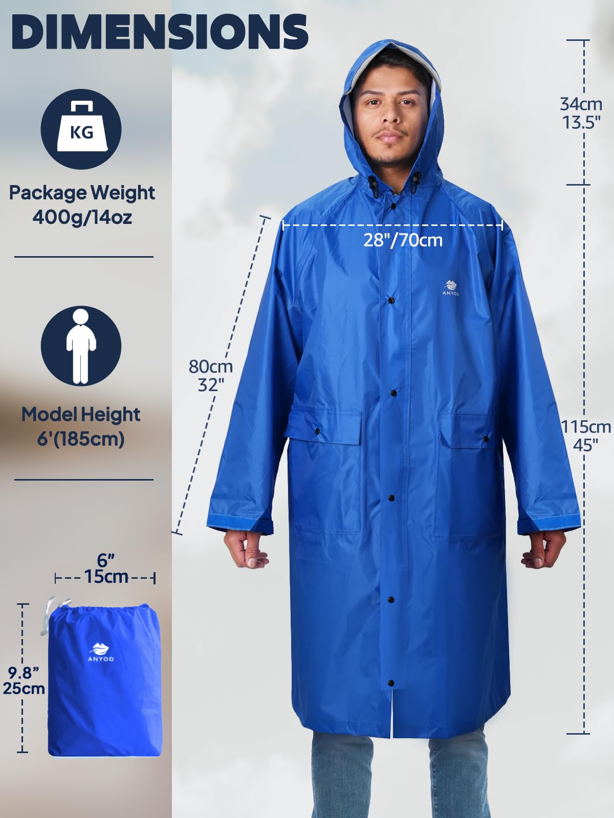 ANYOO Unisex Impermeable Ligero Portátil Con Capucha Poncho de Lluvia Compacto Reutilizable con Mangas para Mochilero Senderismo Acampar Al Aire Libre, Talla única