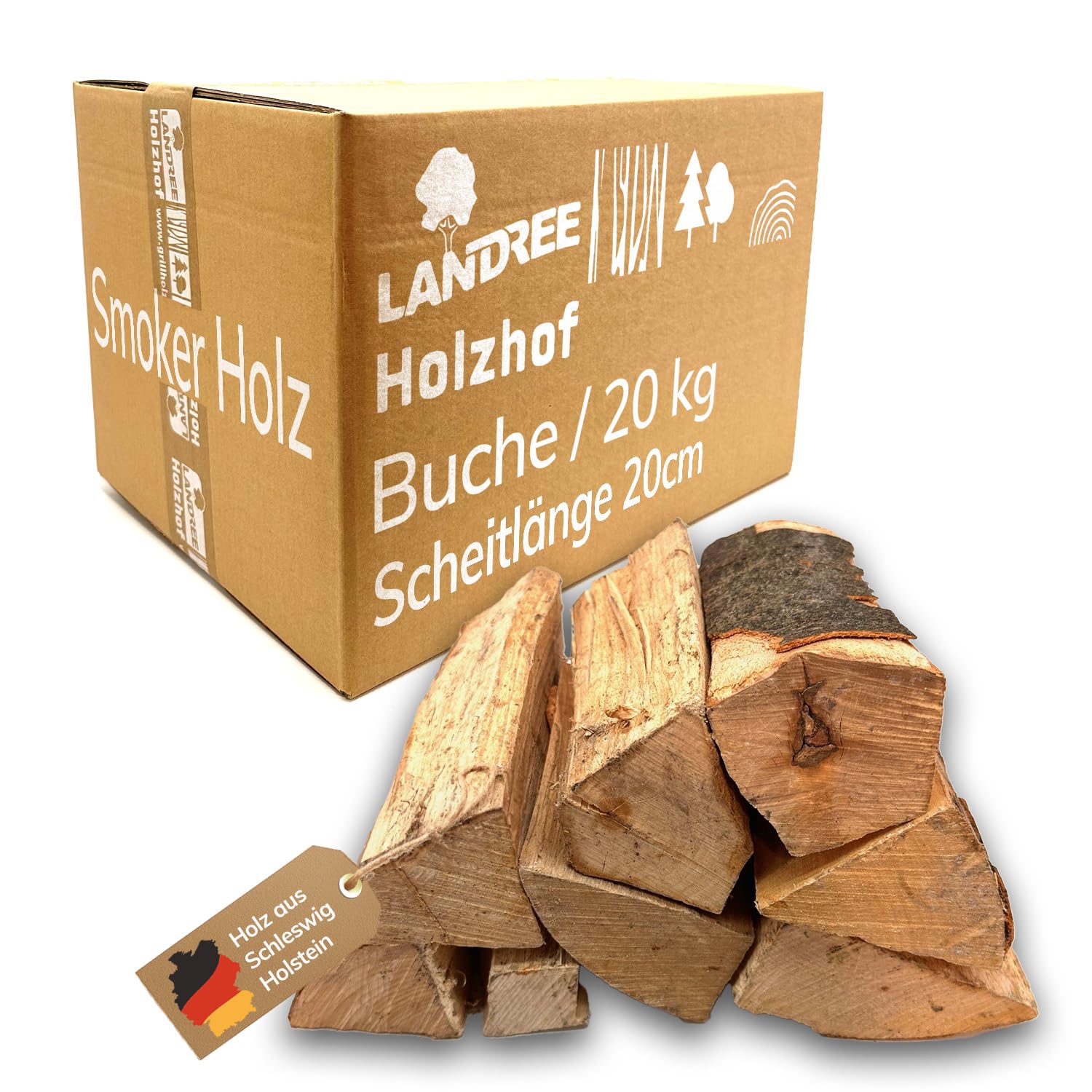 Landree Buche Smoker-Holz 20kg - 20cm Scheitlänge - Vielseitiges Räucherholz für Klassische Aromen, naturbelassen, Qualität aus Schleswig Holstein