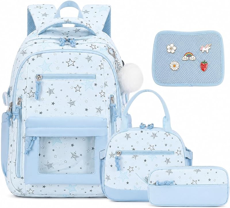 4PCS Girls Backpack Pin Display Ita Bag with Lunch Box | Kids Bookbag w/ Lunch Bag & Pencil Pouch for Teens & Tweens, Aesthetic Schoolbag for Elementary Middle High School College
