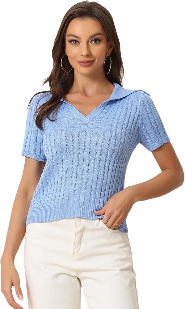 Allegra K Women's Crop Top Sweater Collared Ribbed Top V Neck