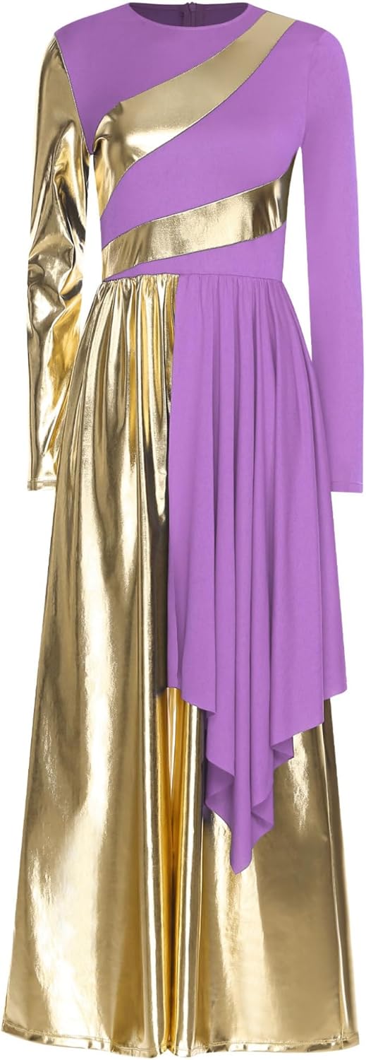 XUNZOO Praise Liturgical Dance Costume for Women Metallic Gold Round Neck Worship Overlay Jumpsuit Loose Pants