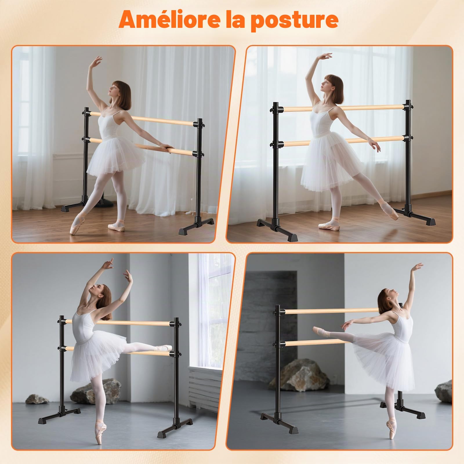 Double barre de ballet autoportante – Barre de ballet réglable en hauteur, barre de danse portable avec pieds antidérapants pour filles, enfants, adultes, fitness, yoga, entraînement à