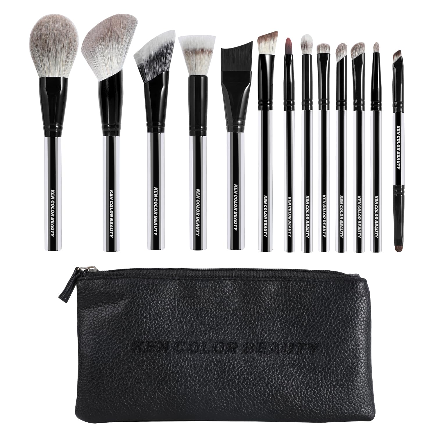 KENCOLOR Premium - Juego de brochas de maquillaje de 13 piezas con bolsa de viaje de poliuretano, mango acrílico de alta gama, cerdas sintéticas suaves y naturales, densas y no absorbentes, para una