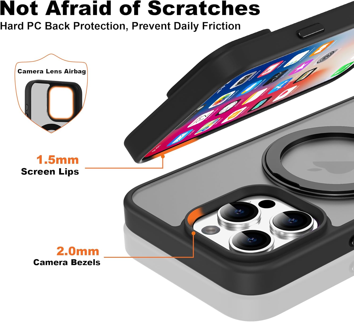 Compatible with iPhone 14 Pro Max Case with 360° Rotatable Magnetic Ring Stand [Compatible with Mag-Safe] Translucent Shockproof Protective Phone Case for Women Men, Black - Image 7