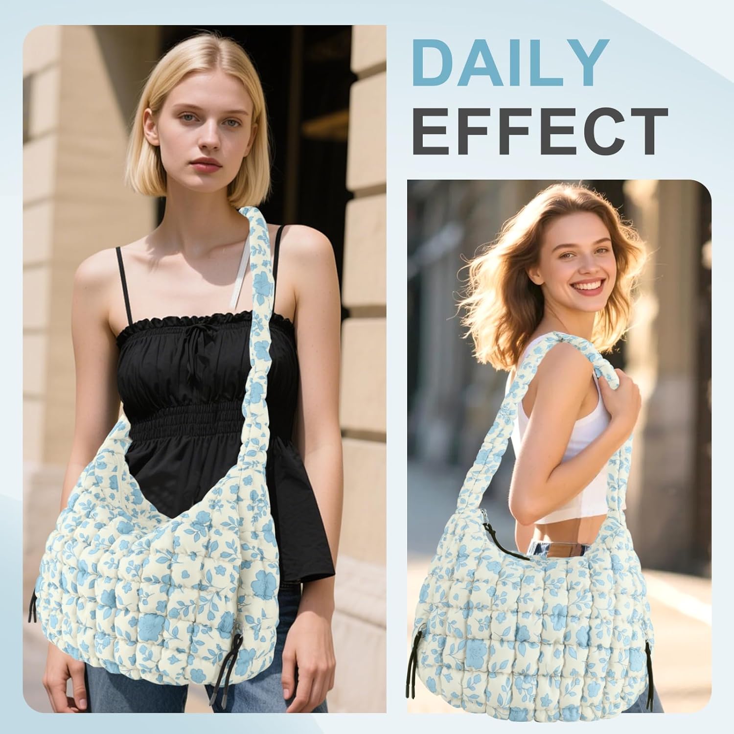 Quilted Puffer Tote Bag Purse Puffy Crossbody Shoulder Bag,Lightweight Nylon Hobo Bag Puffer Carryall Bag for Women Girl