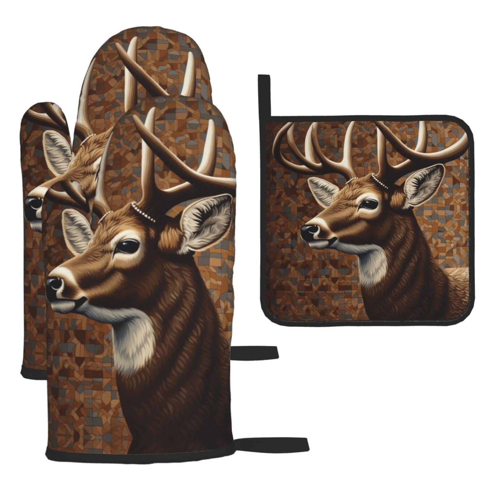 3 Pcs Oven Mitts and Pot Holders Set 500°F Heat Resistant Oven Gloves and Hot Pads Kitchen Mittens Deer on Brown Background Cooking Gloves Potholders for Baking Grilling BBQ