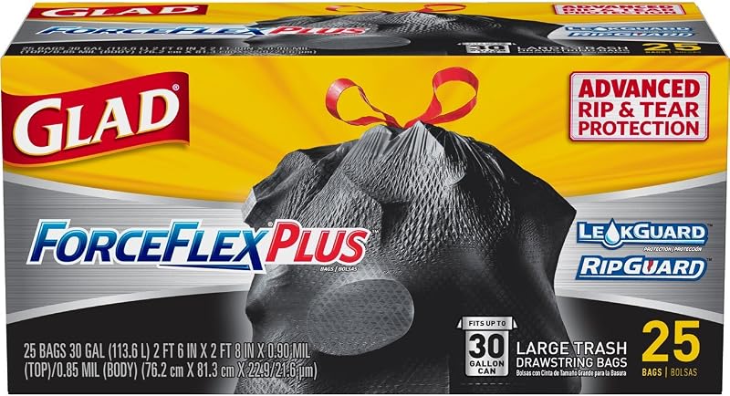 Bolsas de basura Glad, bolsas de basura grandes con cordón, bolsa de basura negra ForceFlexPlus de 30 galones, 25 unidades cada una (paquete de 6)