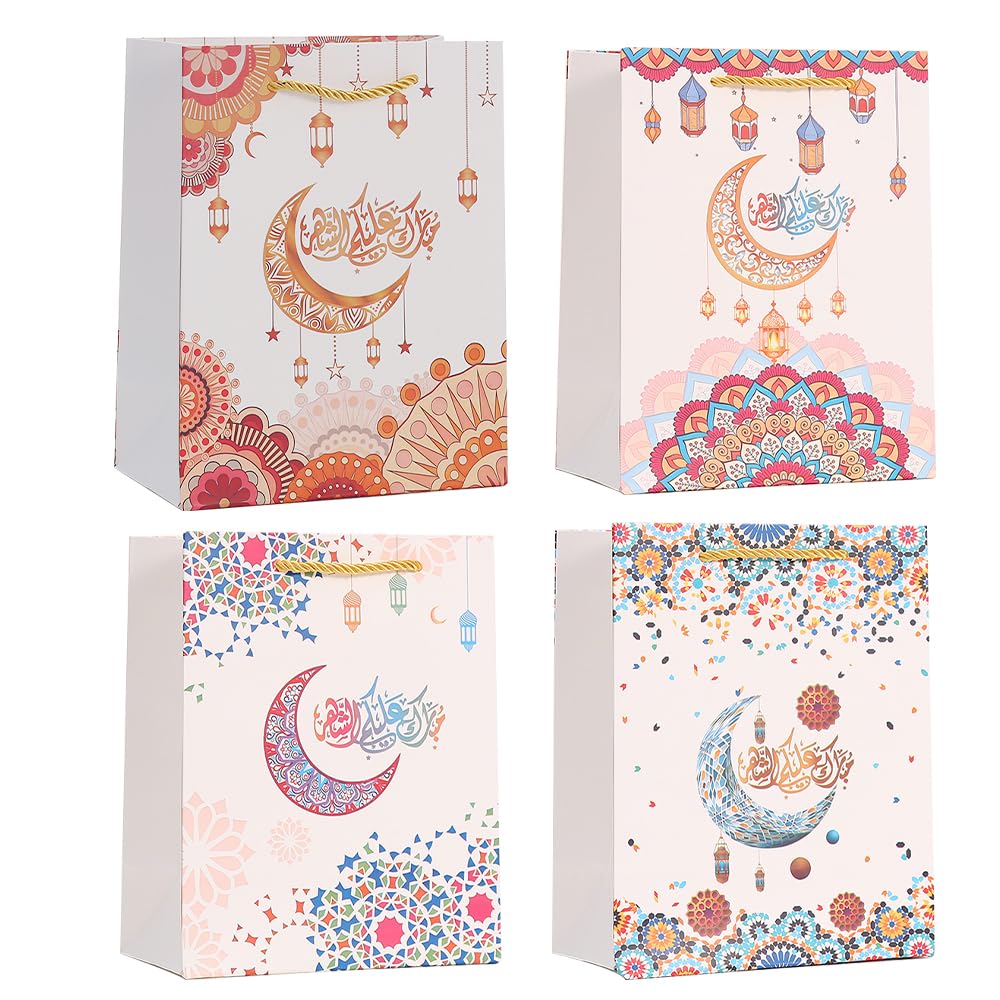 Colodeol 4 Pcs Large Eid Mubarak Gift Bags, Ramadan Gift Bags Paper Eid Bags with Handles Ramadan Treat Party Favors Supplies Eid Party Decoration