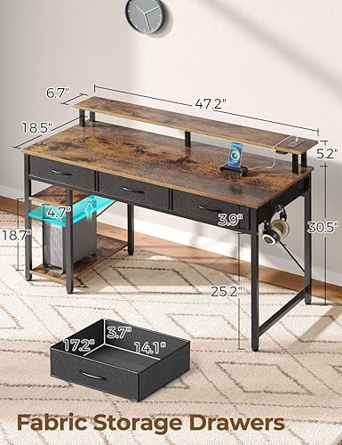 Miniatura 23 de Rolanstar Escritorio para computadora con tomas de corriente y luz LED, escritorio de oficina en casa de 55 pulgadas con 3 cajones y estantes de