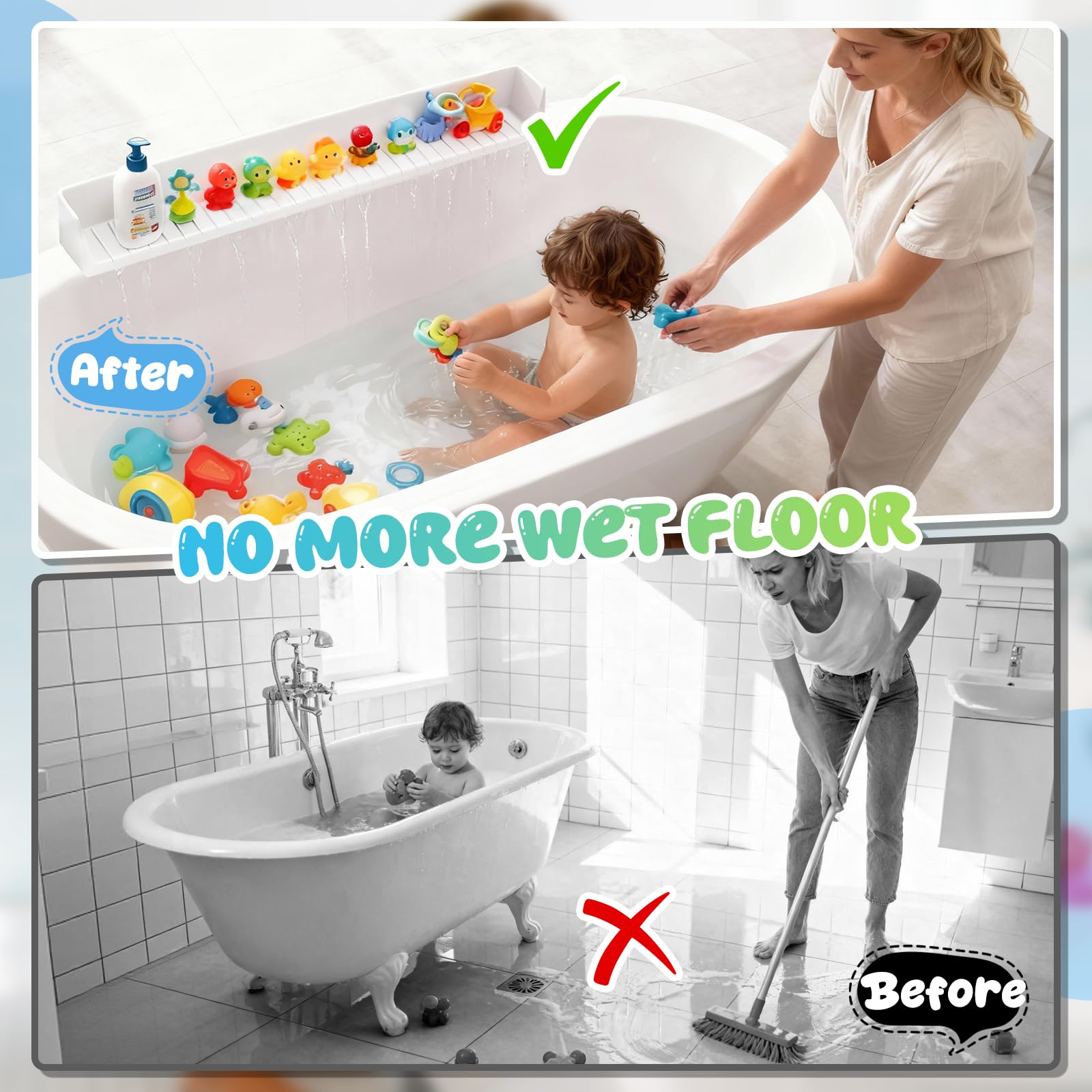 Dreamtop Protector contra salpicaduras para bañera, estante de juego de 2.6 pies para baño, bandeja de juguetes para bañera, protector de salpicaduras de silicona para evitar derrames de agua en el