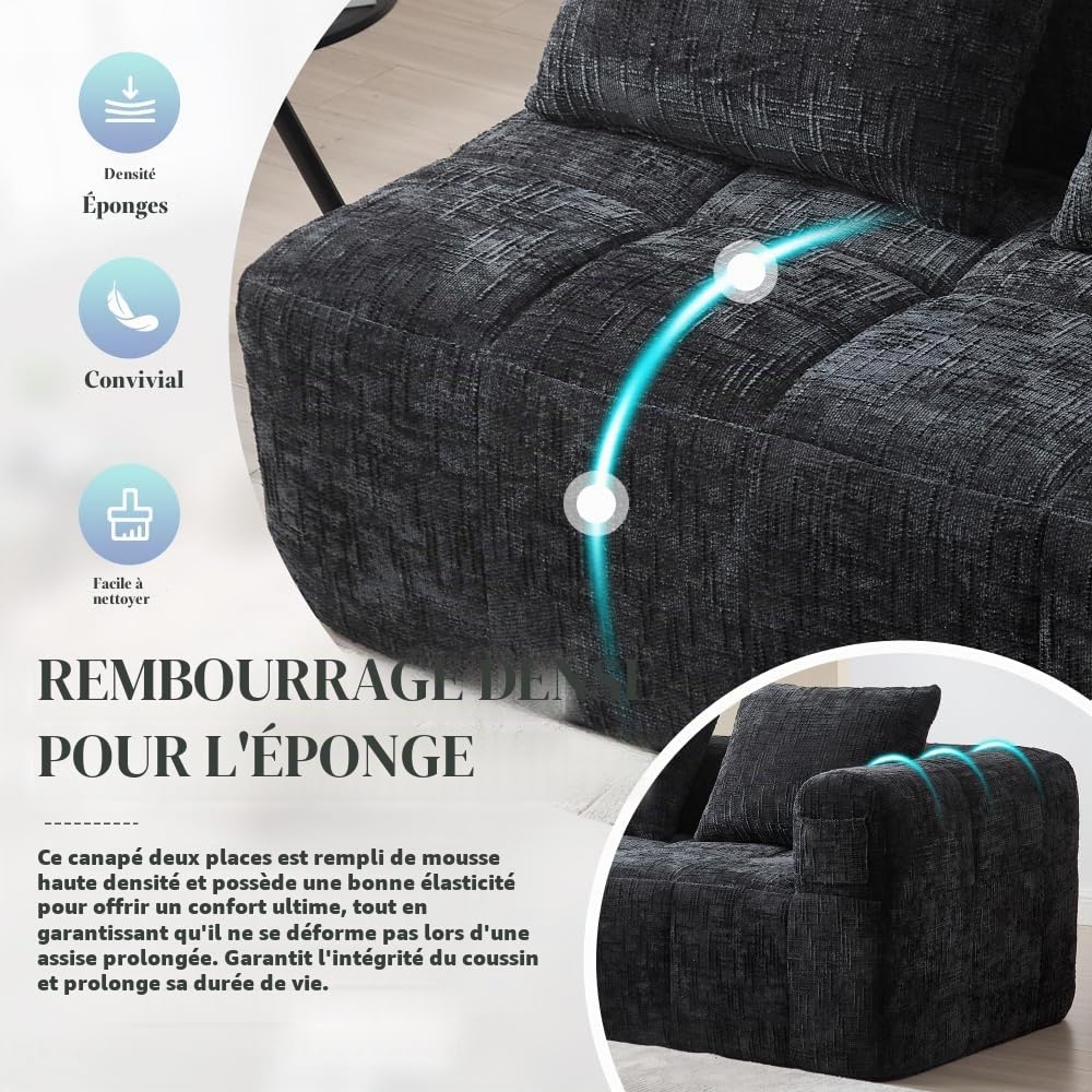 Sapgaks Canapé convertible de 1 à 3 places, canapé modulaire, canapé d'angle modulaire, avec poches latérales, en chenille, avec méridienne et accoudoirs, coussin d'assise inclus (noir + chenille + 2
