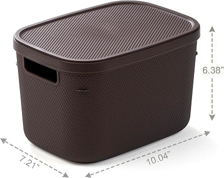 BINO | Plastic Storage Bins with Lids, 5.5 Liter - 3 Pack, Dark Brown | THE TWILL COLLECTION | Plastic Bins for Organization | Woven Storage Baskets for Organizing | Pantry Shelf Organizer Basket Bin