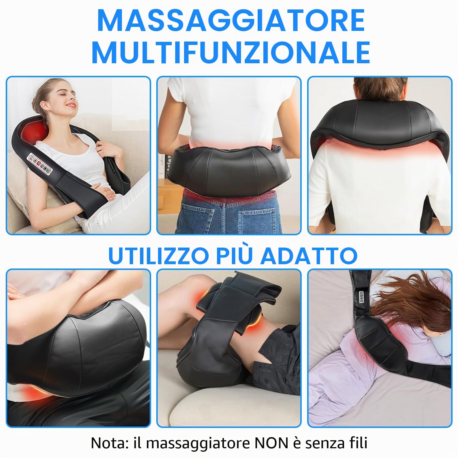Massaggiatore per Collo e Schiena, Aliviare il Dolore Muscolare, 3 Velocità, 16 Teste di Massaggio, Cronometro di 15 Minuti, Massaggiatore per Tessuti Profondi con Funzione di Terapia del Calore