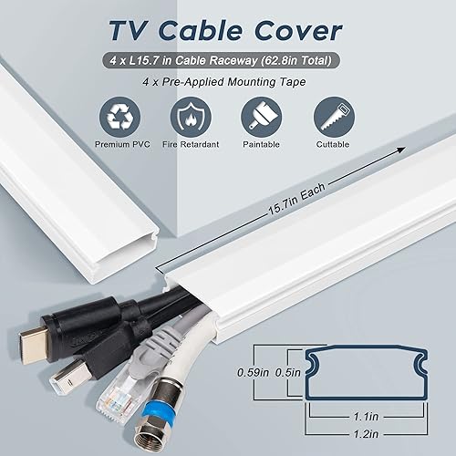 Vista 2 de Ocultador de cables de TV – 62.8 pulgadas de PVC para organizar cables, corrector de cable pintable para TV montado en la pared, cable blanco