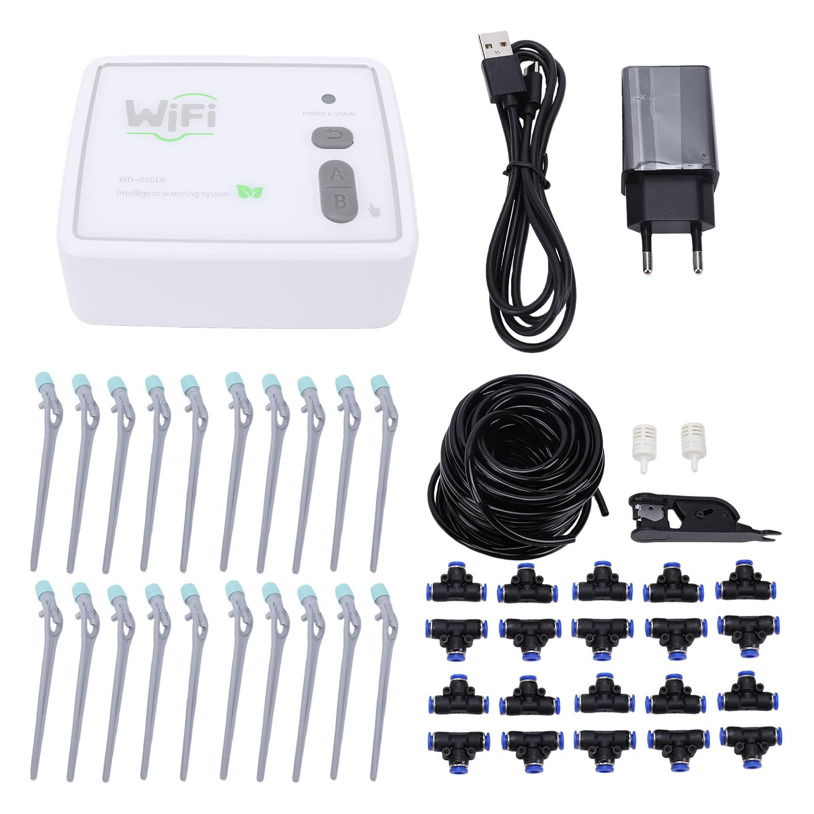 Kit di Irrigazione a Goccia Automatica WiFi, di Irrigazione a Goccia con Controllo APP a Doppia Pompa con Gocciolatori Regolabili con Timer, Tubo da 15 M per 20 Piante in (Spina europea)
