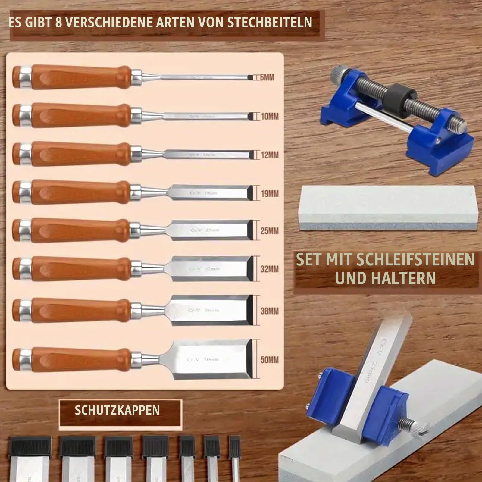 Stemmeisen Stechbeitel Set für Holz, Meißel für Holzbearbeitung Mit Schleifsteinen Und Abziehführung,Stecheisen Satz für Anfänger und Profis Holzmeiselset für Holzarbeiten Anfänger Und Profis