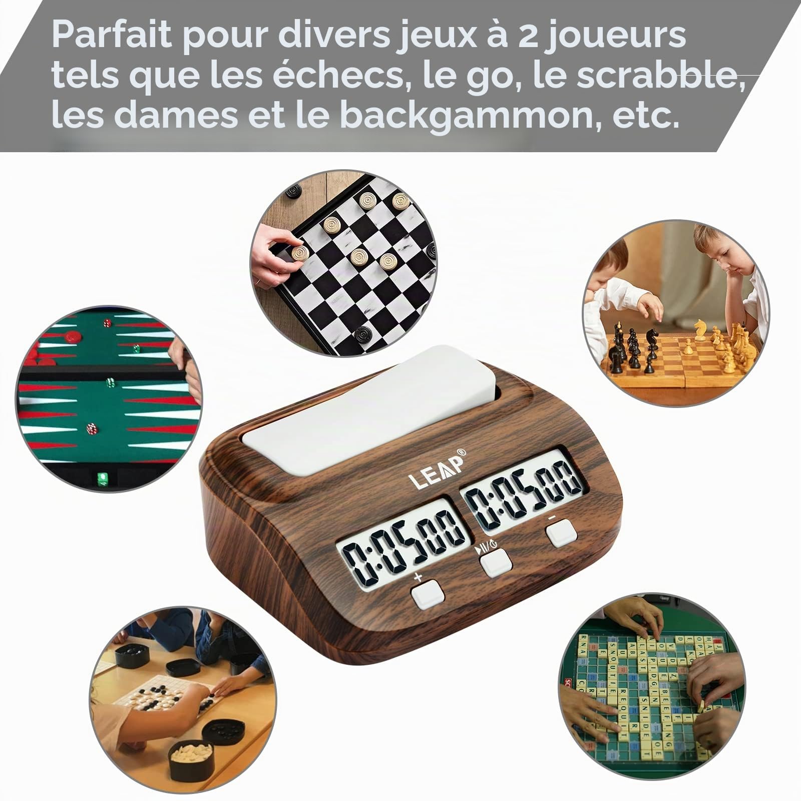 LEAP Horloge d'échecs avec fonctions de compte à rebours, d'alarme bonus et de délai pour les échecs et les jeux de société à 2 joueurs - Aspect classique en bois grainé