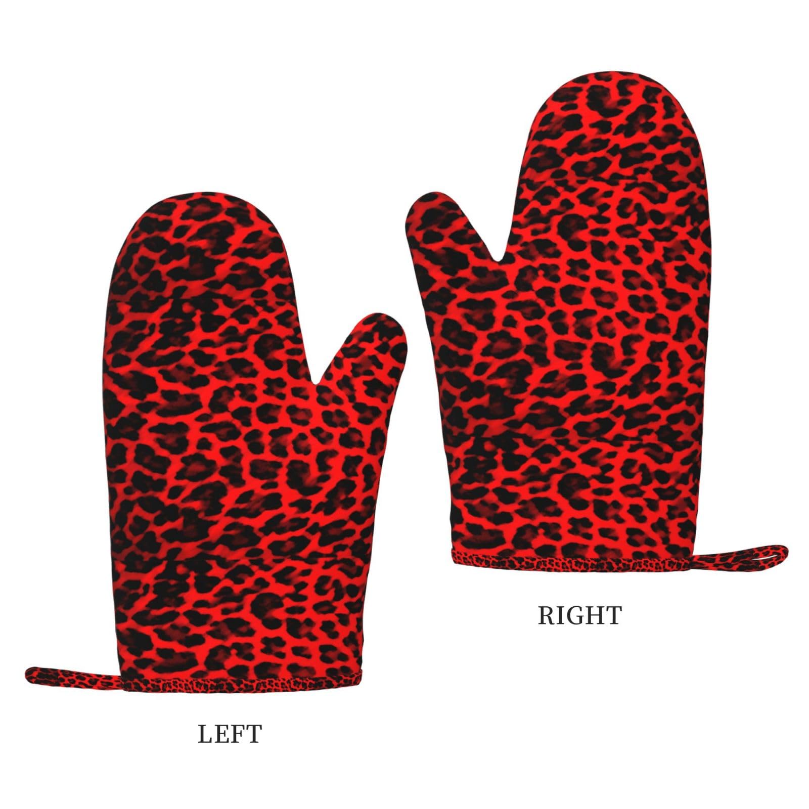 Ensemble de Quatre Gants et maniques résistants à la Chaleur, Gants de Cuisine antidérapants, maniques de Four, Motif léopard Rouge