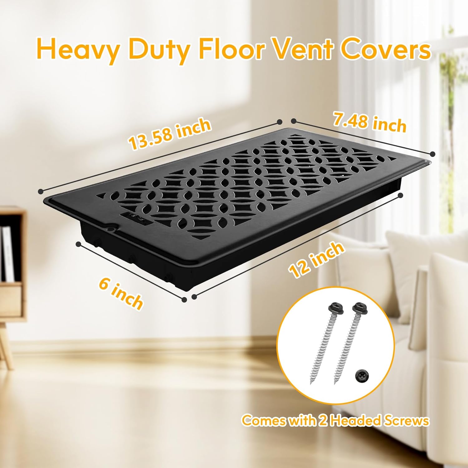Floor Vent Covers, Floor Register 6x12, 2 Pack Adjustable Decorative Vent Covers for Home Floor, Ceiling or Sidewall Vent with Screws, Rust-Proof Heavy Duty Walkable Steel Floor Vents (6'' X 12'')