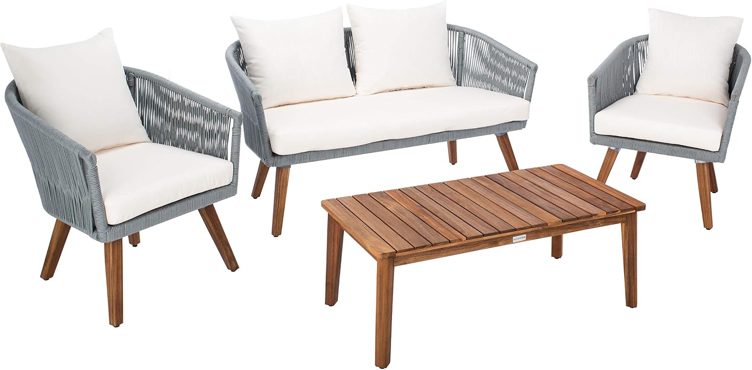 SAFAVIEH PAT7072A Outdoor Velso Rope 4-Piece Seat Cushions and Pillows Included Patio Set