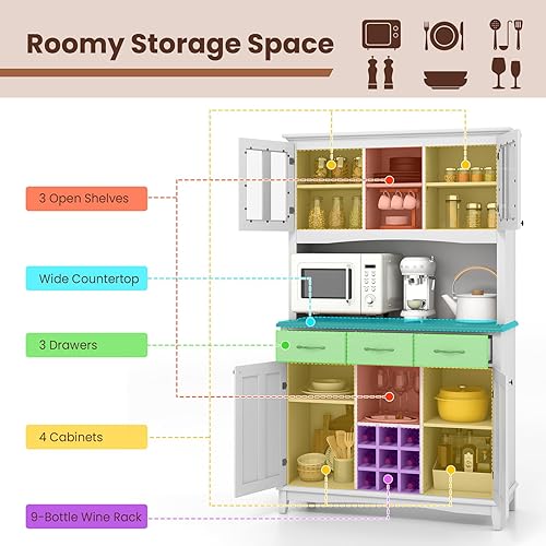 Miniatura 5 de PETSITE Armario de almacenamiento de despensa de cocina, armario independiente para microondas con gabinete de vidrio templado, estante para vino,