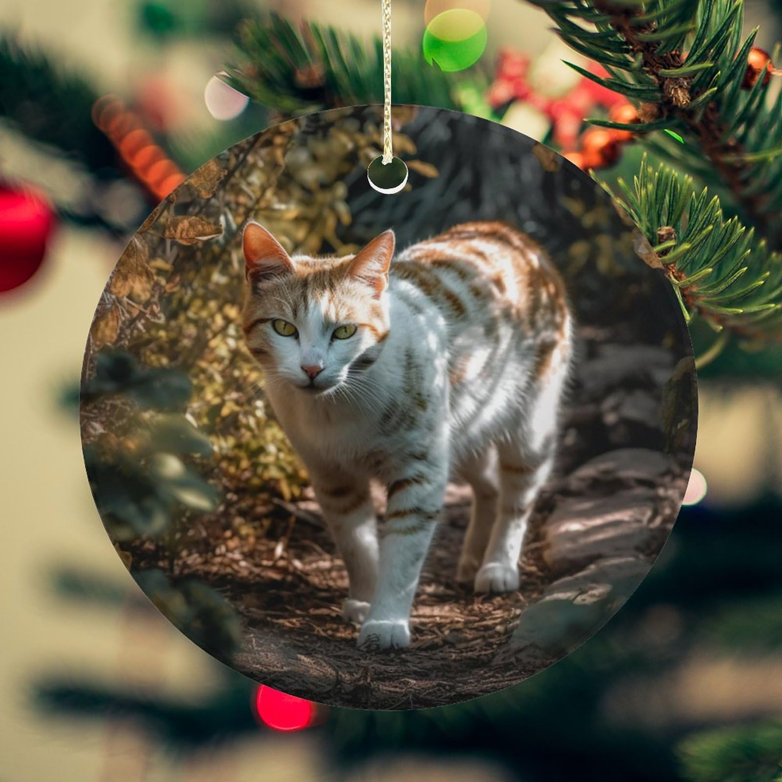 Cat Walking Through Bushes Christmas Ornament for Christmas Tree Ceramic Round Ornament Winter Holiday Keepsake Gift 2.7" Christmas Tree Hanging Decorations Circle Ceramic Pendant Xmas Gift