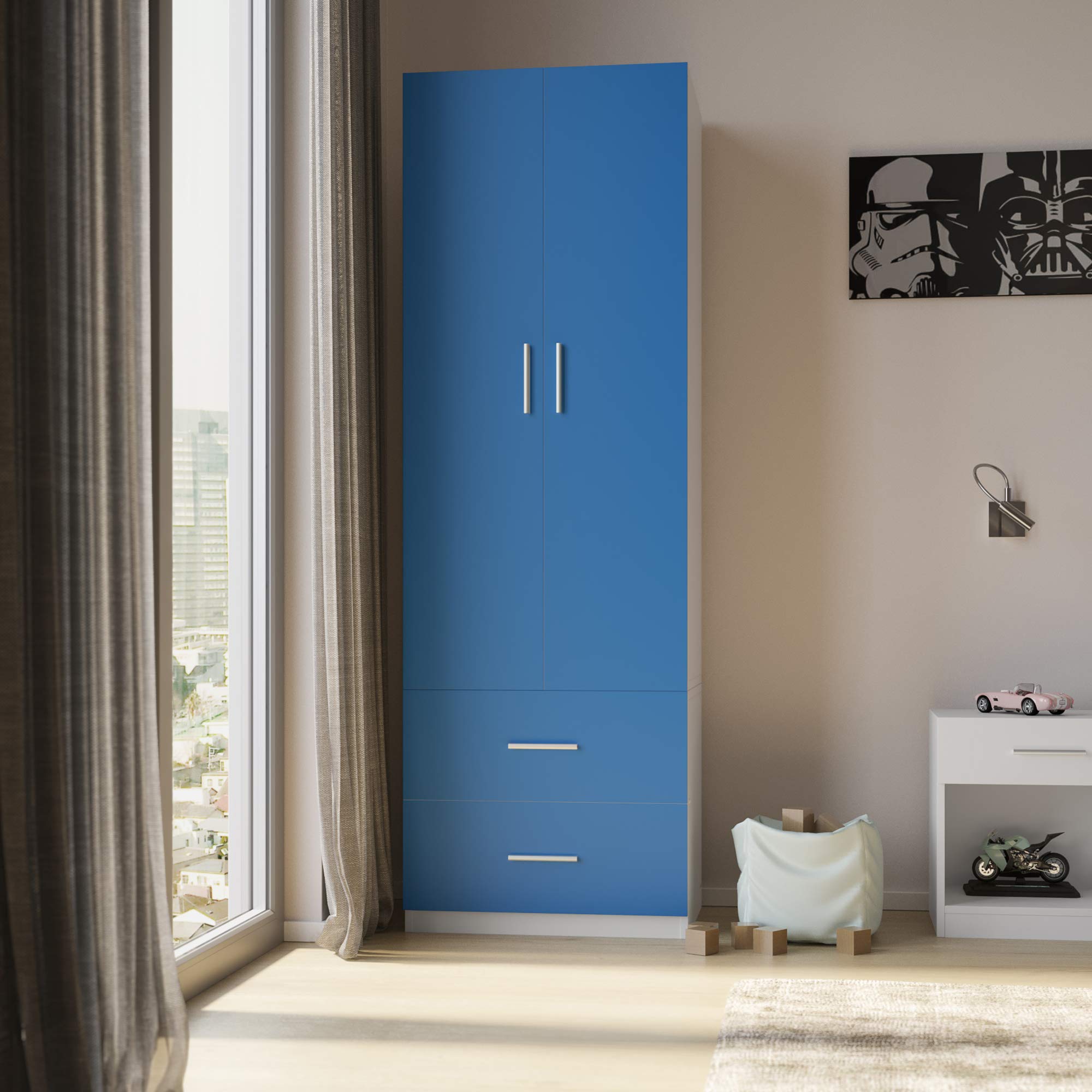 Orlando Armoire en bois à 2 portes avec 2 tiroirs pour chambre d'enfant Bleu