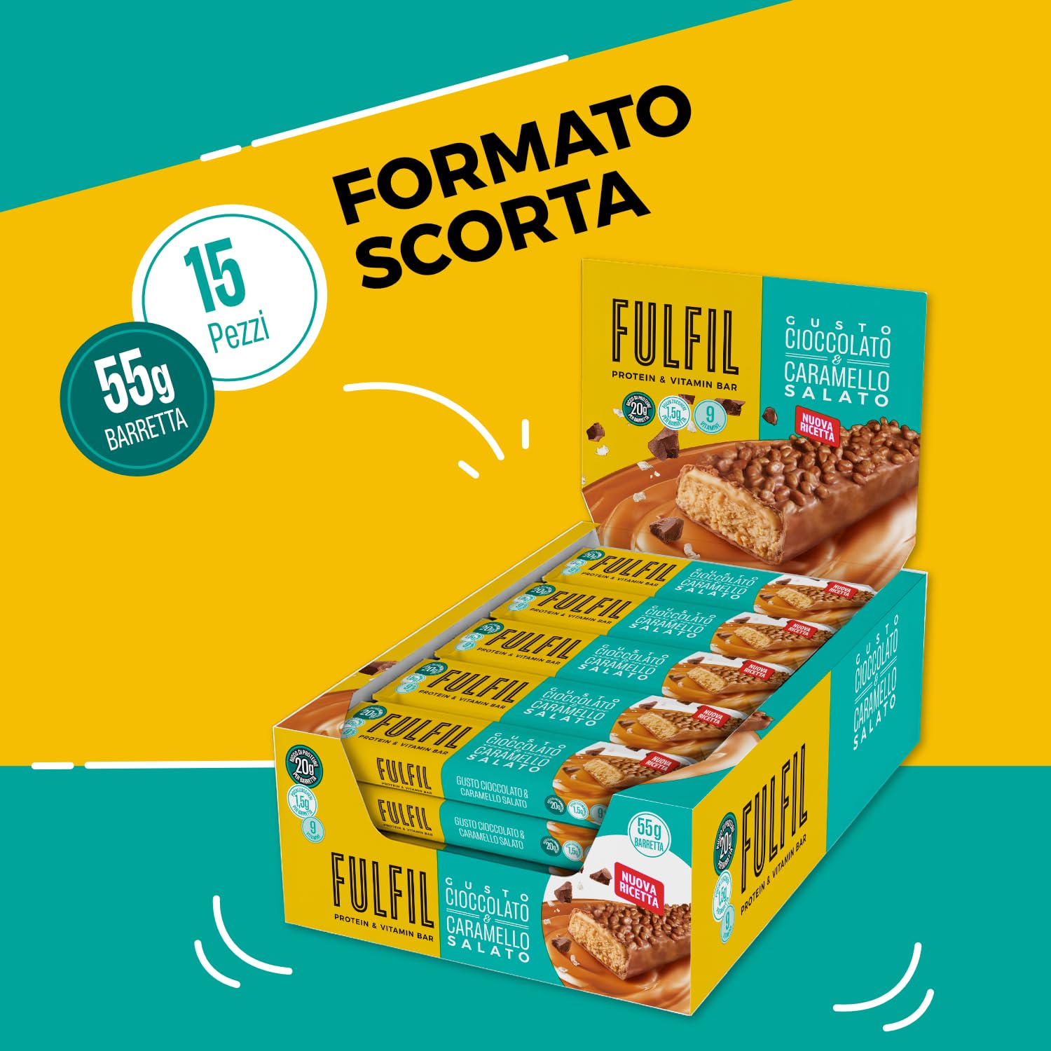 FULFIL - 15 Barrette Proteiche da 55 Grammi, Gusto Cioccolato e Caramello Salato con 9 Vitamine e Pochi Zuccheri, Confezione da 825 Grammi