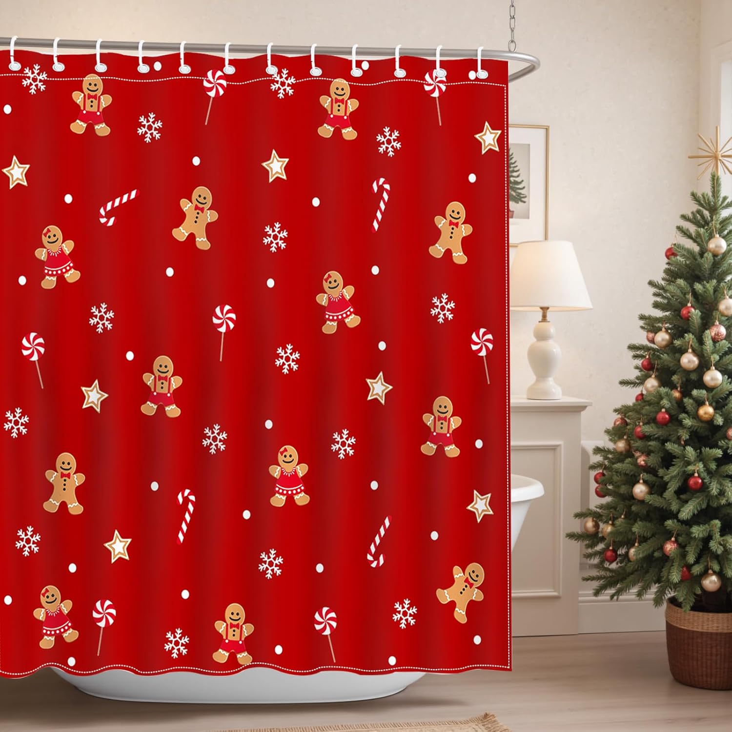 Mocsicka Christmas Shower Curtain Cute Gingerbread-Man Snowflake Shower Curtain for Christmas Bathroom Decor Xmas Candy Stars Holiday Home Decor Bath Curtain for Kids Girls, 72 X 72 Inch
