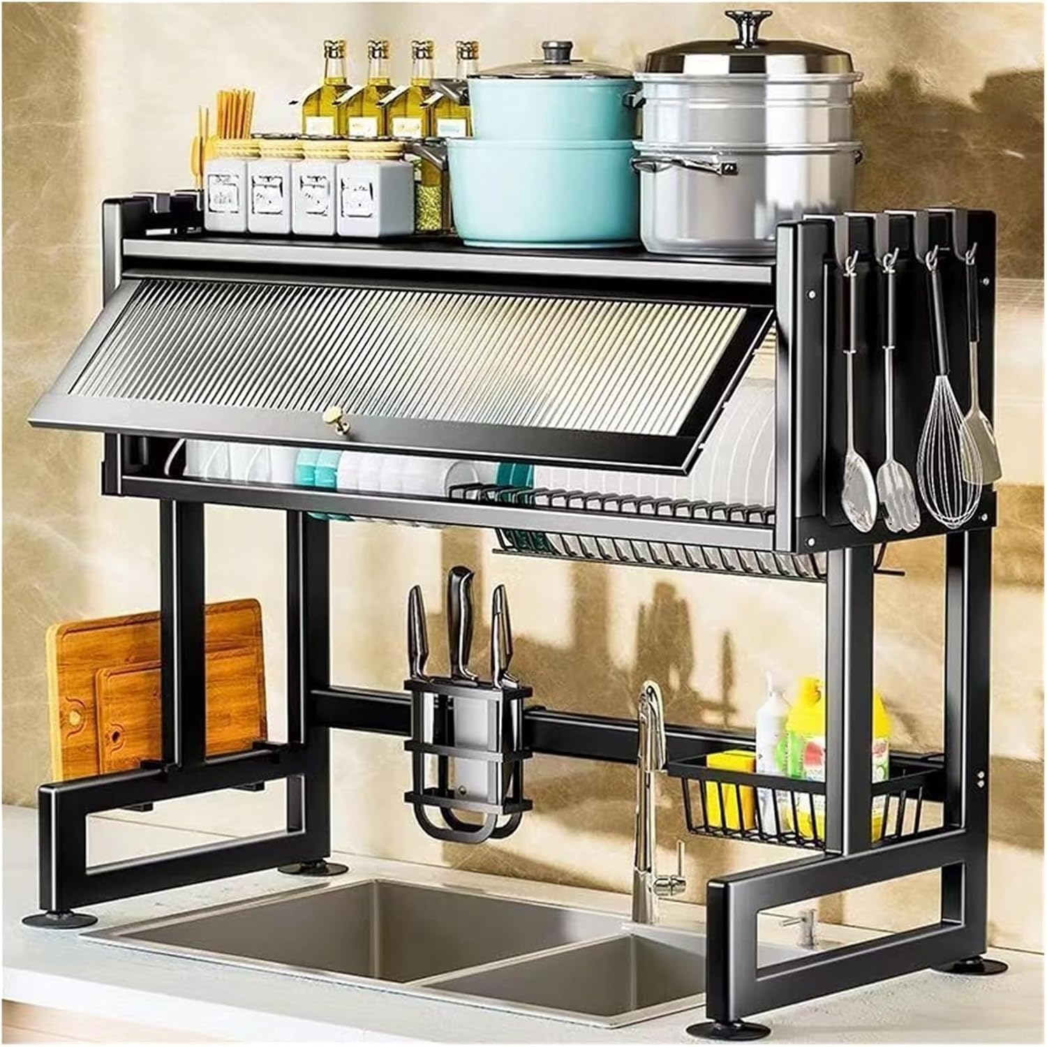 Over Sink Dish Rack, 65CM Kitchen Dish Drainer Shelf, Space-Saving Counter Drying Racks for Kitchen Organization, Black, Durable & Stylish Storage Solution