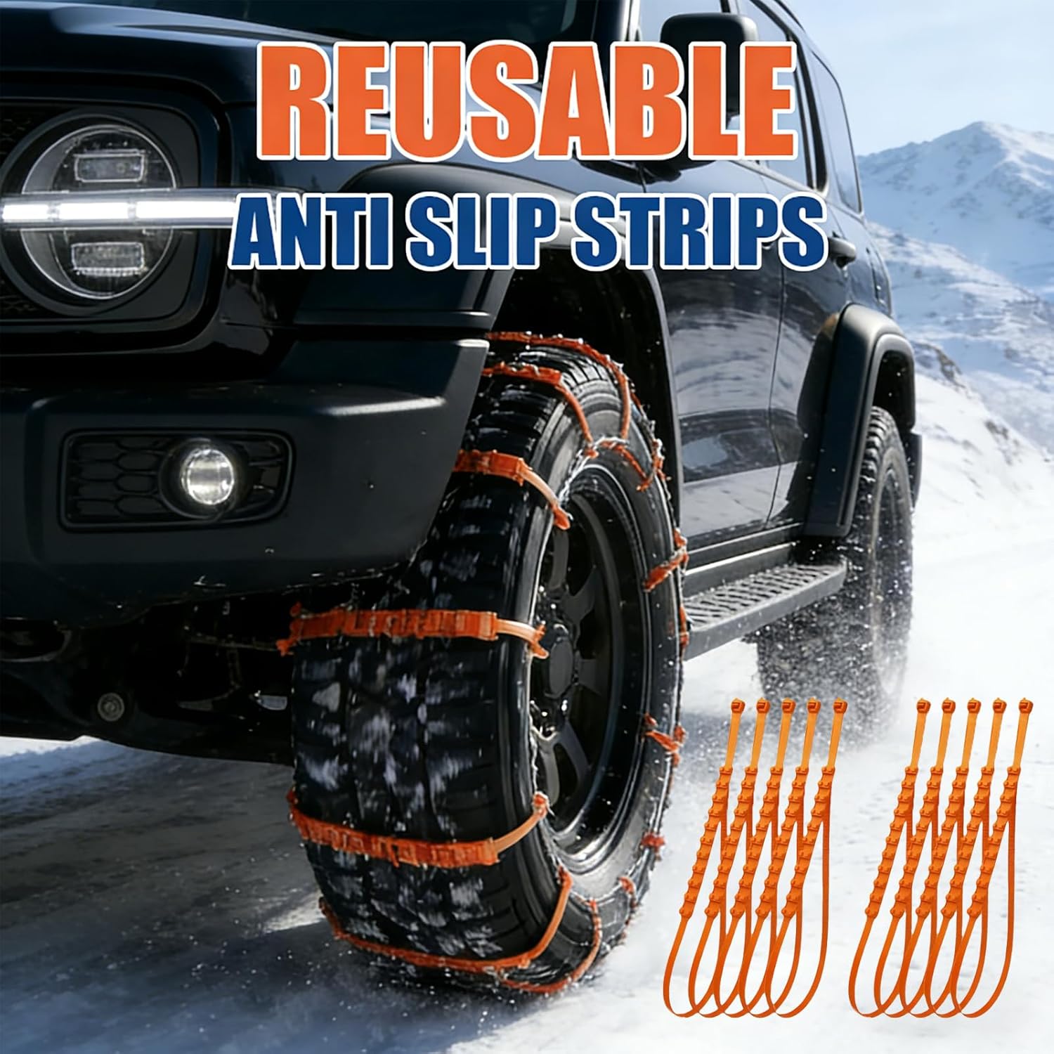 Zip Tie Snow Chains for Car Tires, Universal Anti-Skid Reusable Snow Tire Chains, Emergency Traction Cables for Cars SUVs Trucks, Winter Safety Chains for Snow Ice Mud (40pc)