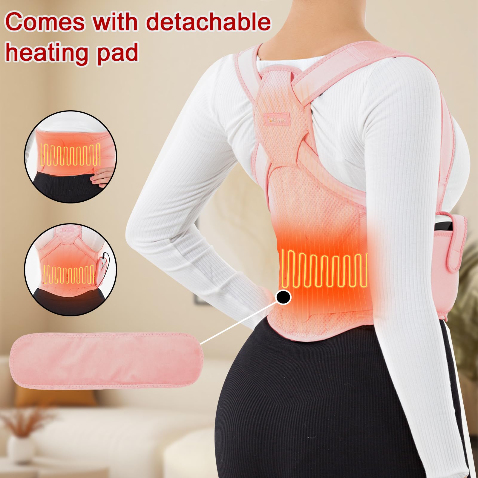 IDEA WIN Back Brace Posture Corrector for Women and Men with Heating Pad, Full Back Brace Support, Adjustable Posture Corrector Belt, Relieve Pain in Upper and Lower Back, Waist, And Shoulders (Pink, M)