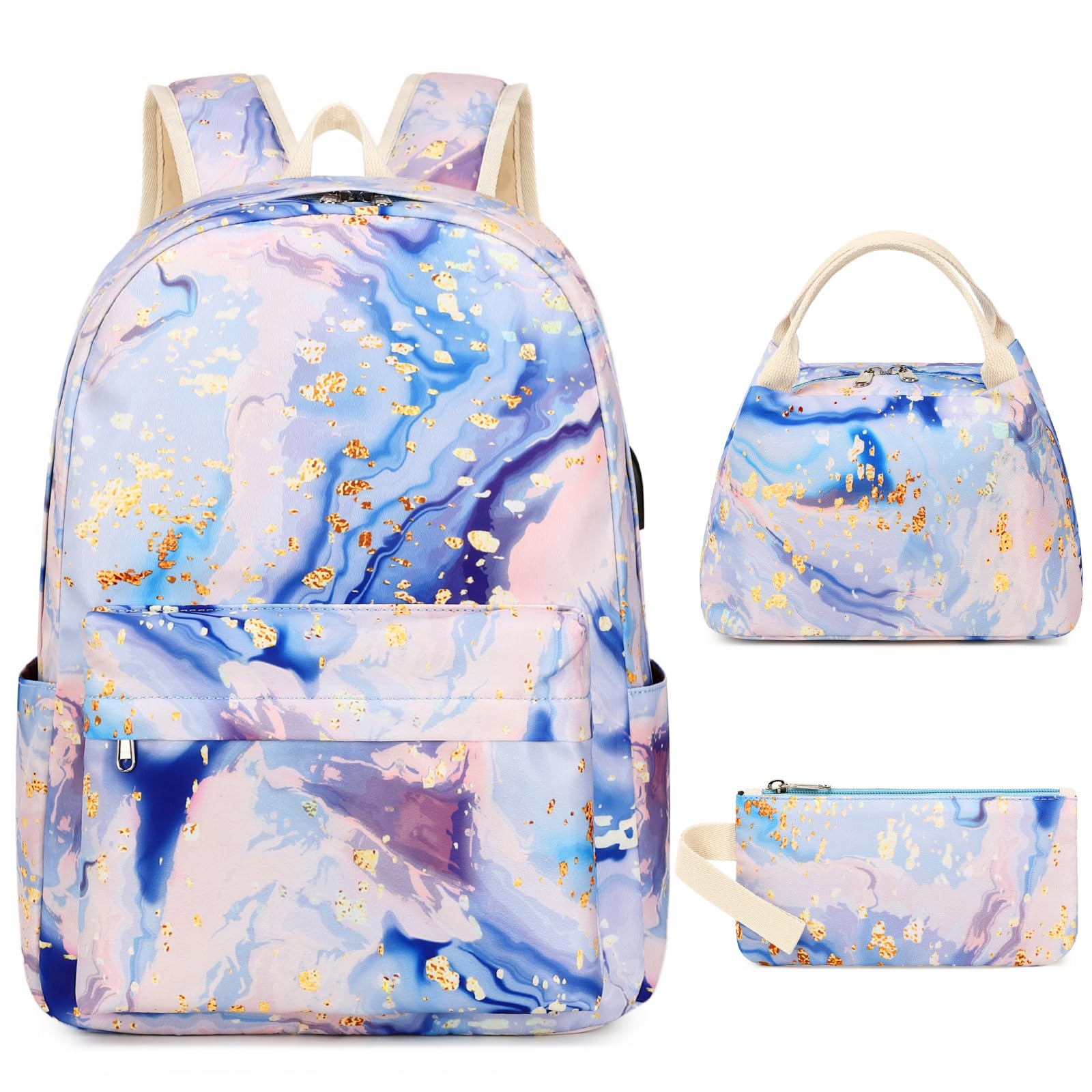 Zaino scolastico per ragazze e adolescenti, set con portapranzo, astuccio da viaggio, zaino per computer portatile, zaino casual