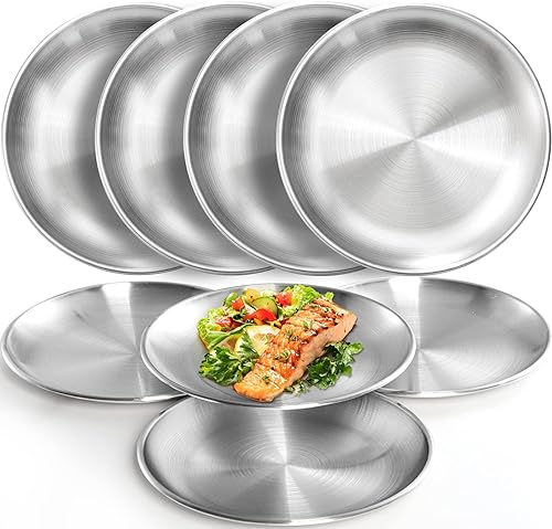 Fasmov Paquete de 8 platos de acero inoxidable 188 de 8 pulgadas, platos de metal 304 para servir platos de campamento para picnic al aire libre,