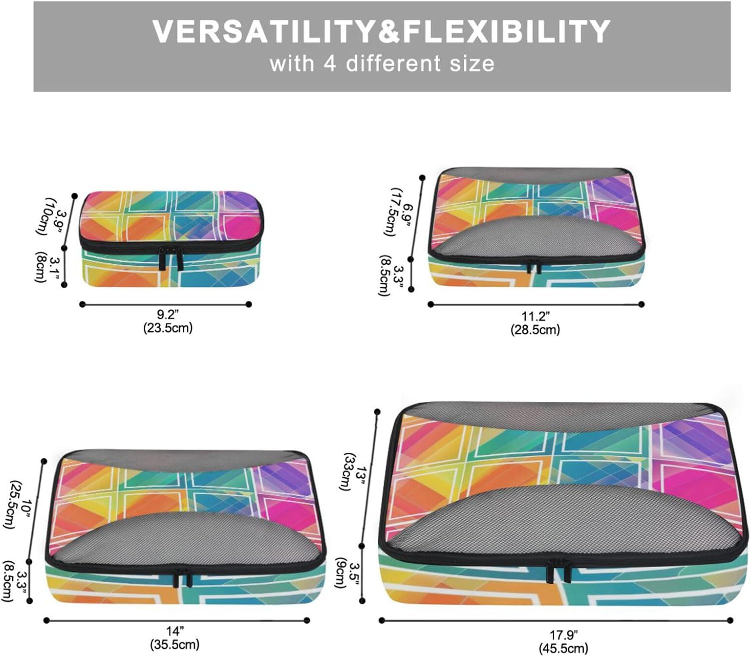 Colorful Gradient Geometric Print 4 Pcs set travel organizer bags Mesh Travel Essentials lightweight packing cubes compression