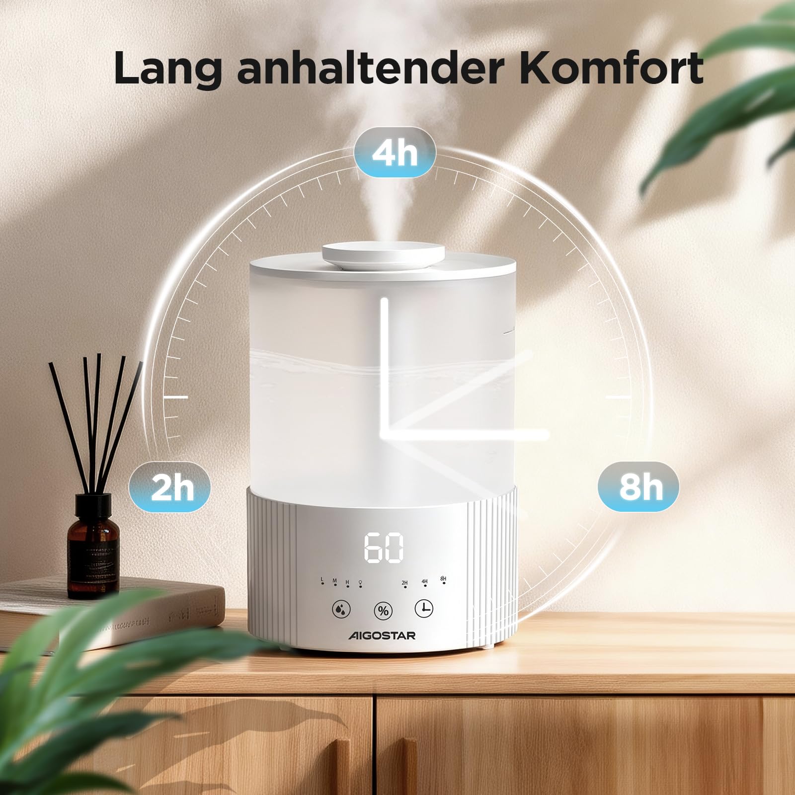 Aigostar Luftbefeuchter Schlafzimmer mit Hygrometer – 2,5 L Ultraschall Raumbefeuchter, 28 dB leise, Aroma Diffuser für ätherische Öle, 3 Nebelstufen & Timer – für Baby, Pflanzen & Büro