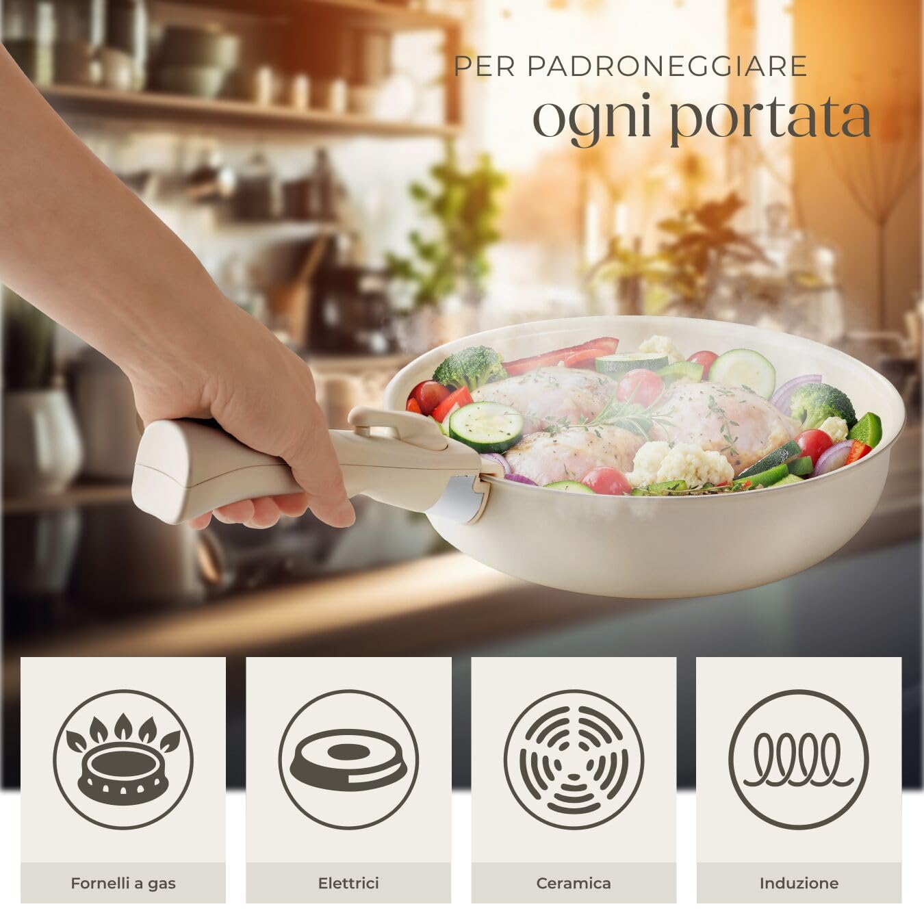 tectake®, Set di pentole 16 pezzi, set pentole induzione anche per piani a gas, elettrici, rivestimento antiaderente in ceramica, manici removibili - 2 Padelle, 2 Pentola, Pot, 4 Coperchi - Bianco