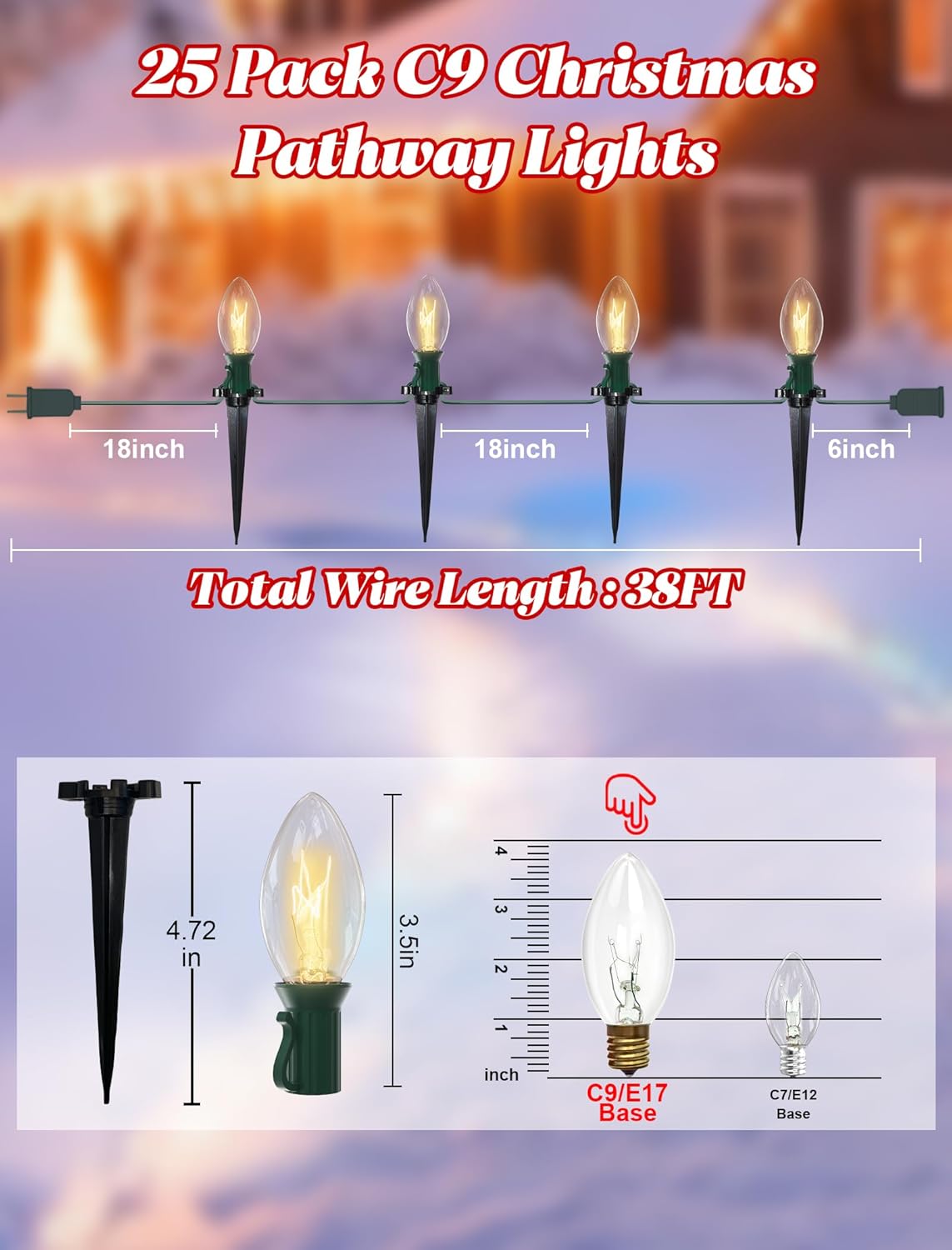 38FT C9 Christmas Pathway Lights Outdoor,25 Pack Warm White Connectable Weatherproof Christmas Walkway Lights with C9 Bulbs and Stakes for Driveway Yard Lawn Sidewalk Decorations