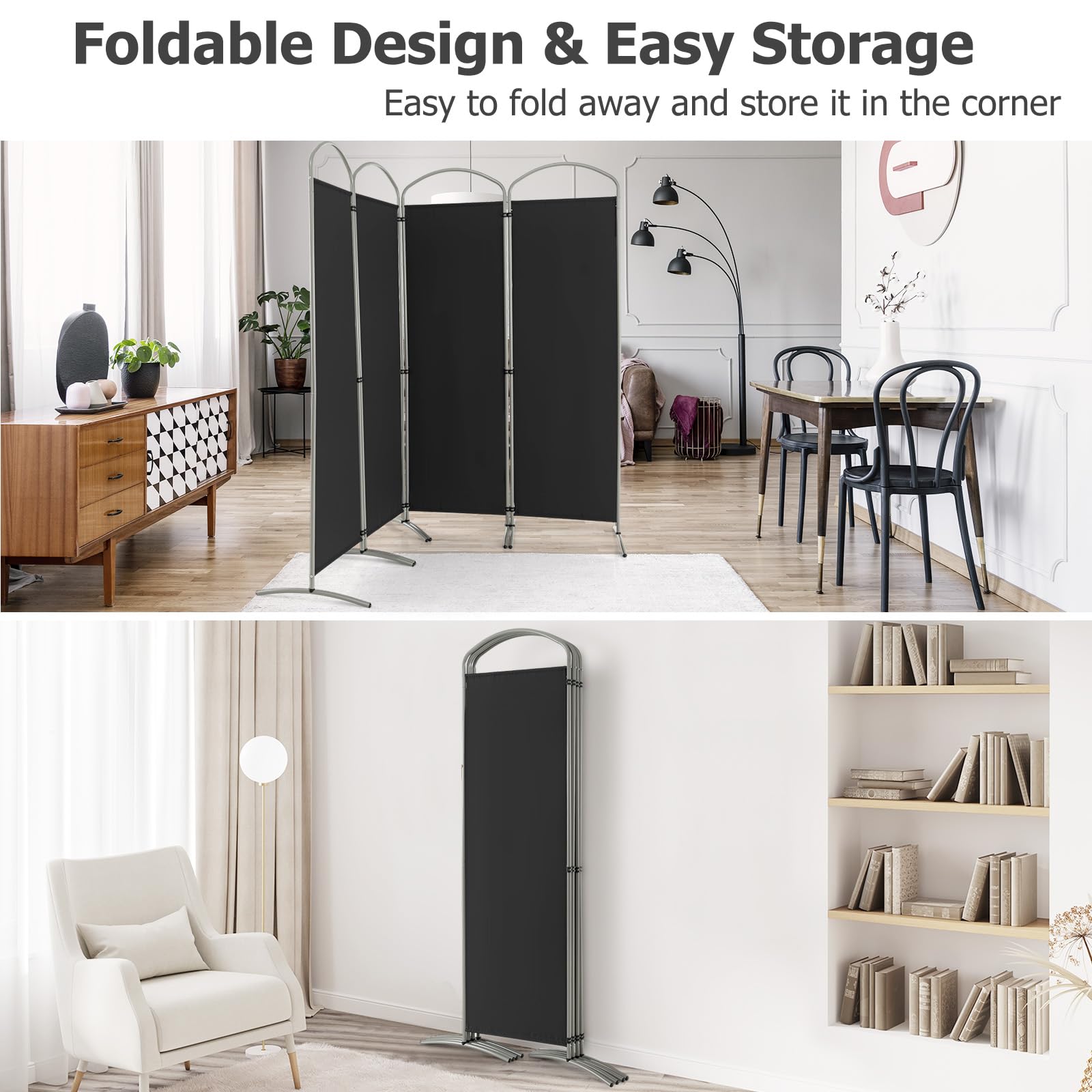 LIFEZEAL Biombo Divisor Plegable, Separador de 4 Paneles 188cm, Pantalla móvil, Pared divisoria, Marco metálico, Base Estable, Protege la intimidad para Interior y Exterior, Negro