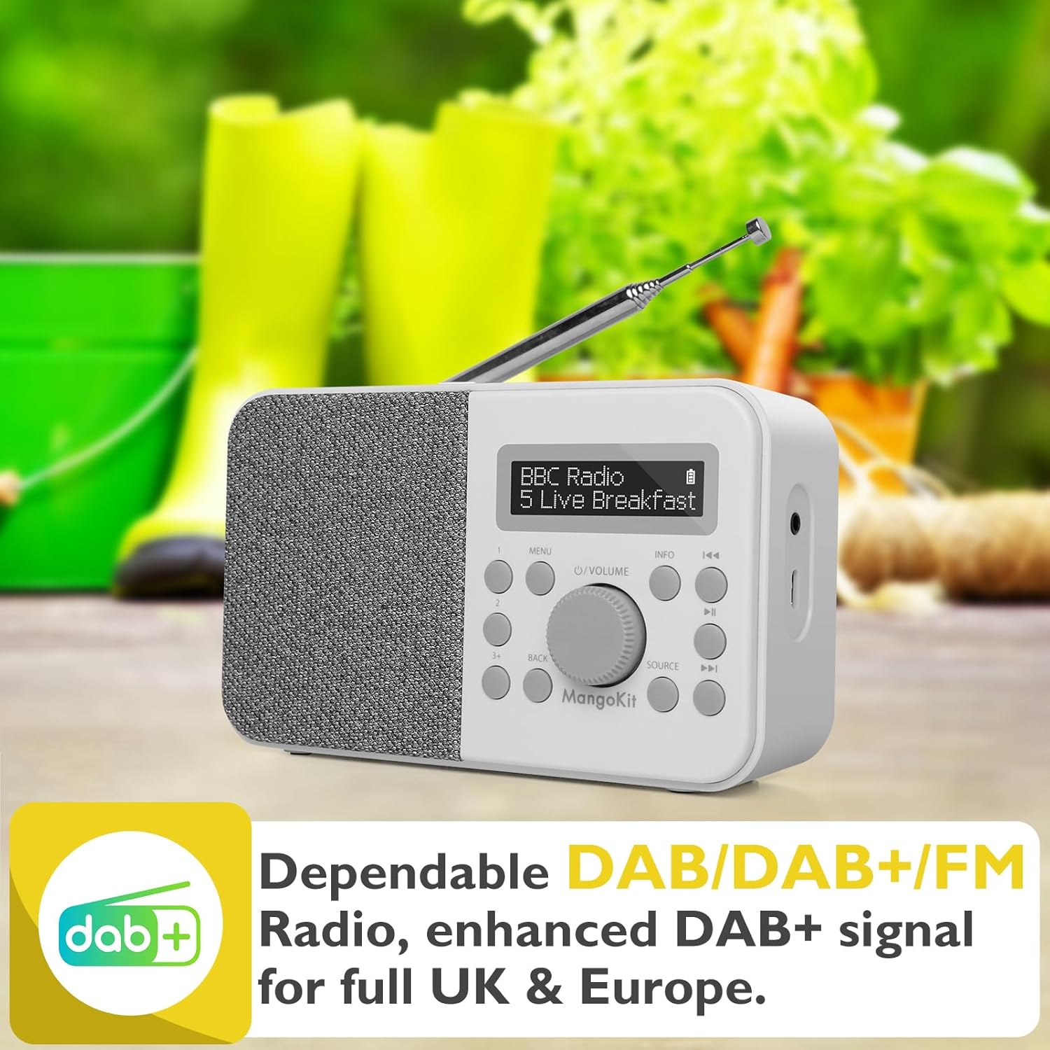 MangoKit PR2S radio displaying 'BBC Radio 5 Live Breakfast' with a graphic indicating enhanced DAB+ signal.