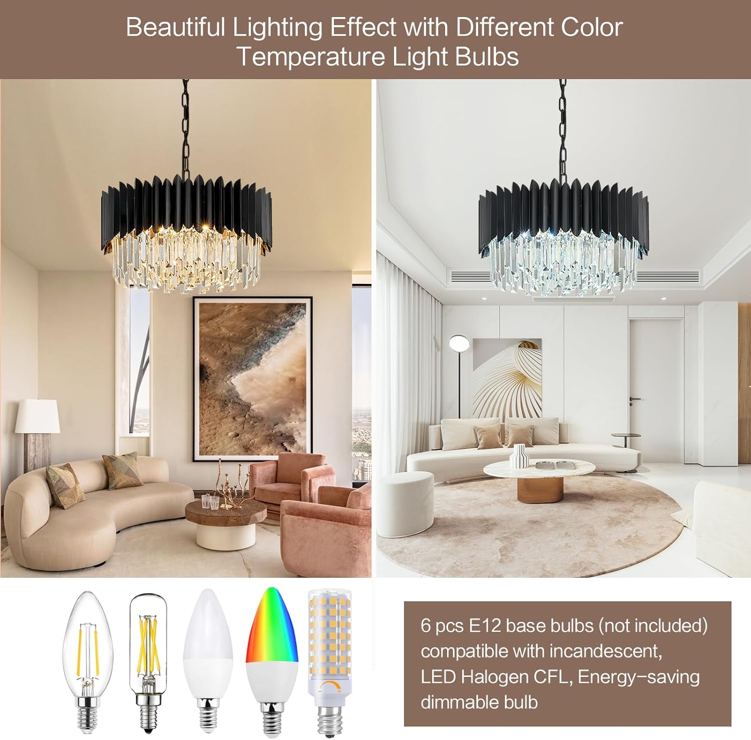 20" Black Crystal Chandelier 4-Tier Round 6 Lights Ceiling Light Fixture K9 Pendant Hanging for Entryway Foyer Dining Room Bedroom Living Room