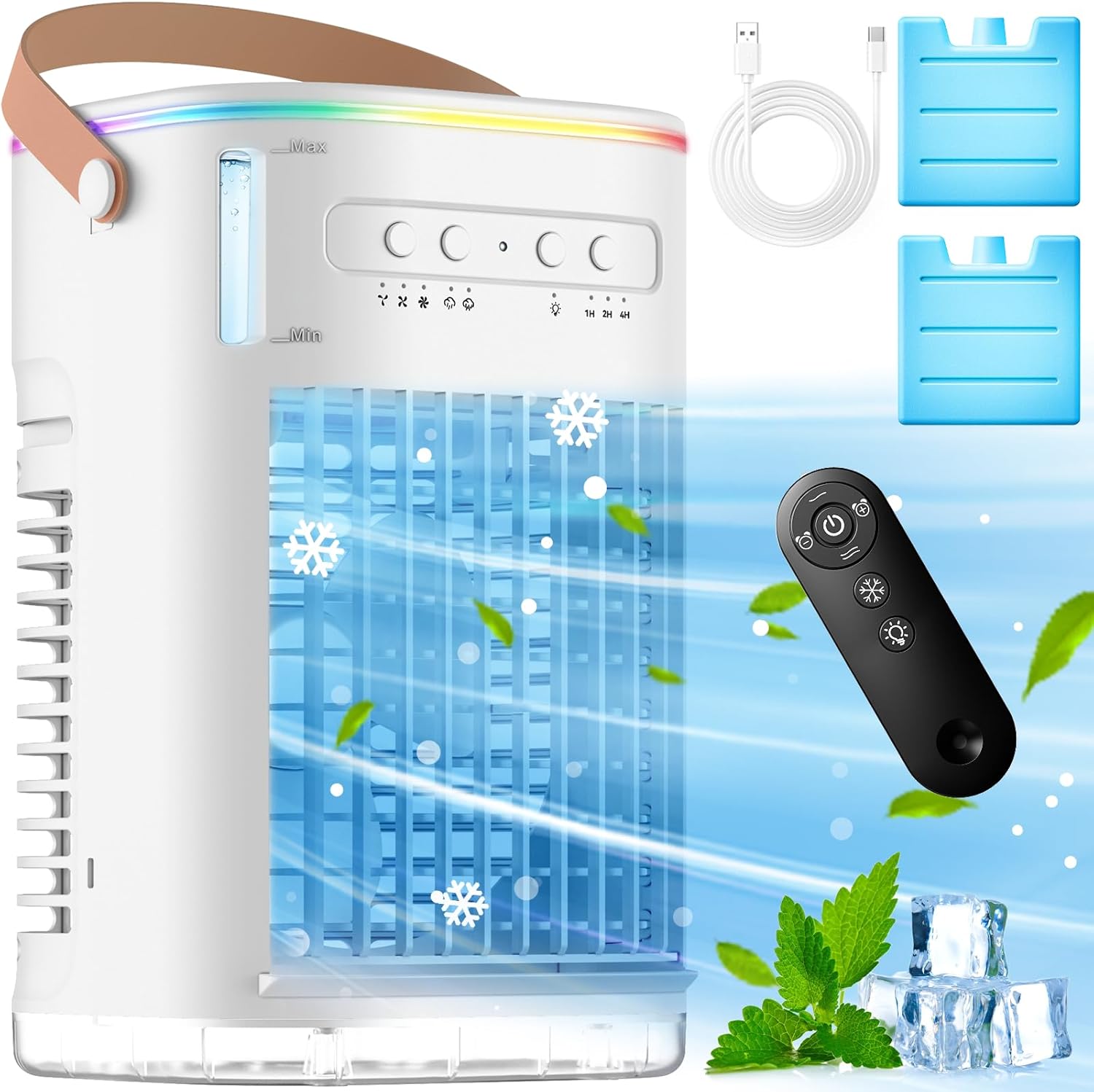 FANCOLE 4-IN-1 Small Air Conditioner w/ 2 Ice Packs, 16.5ft Remote, 1200ML Tank, 7H Smart Timer, 3Speed & 2Cool Mist Personal Air Conditioner, 7-Color Light Portable AC Unit for Bedroom Cover 100Sq.ft
