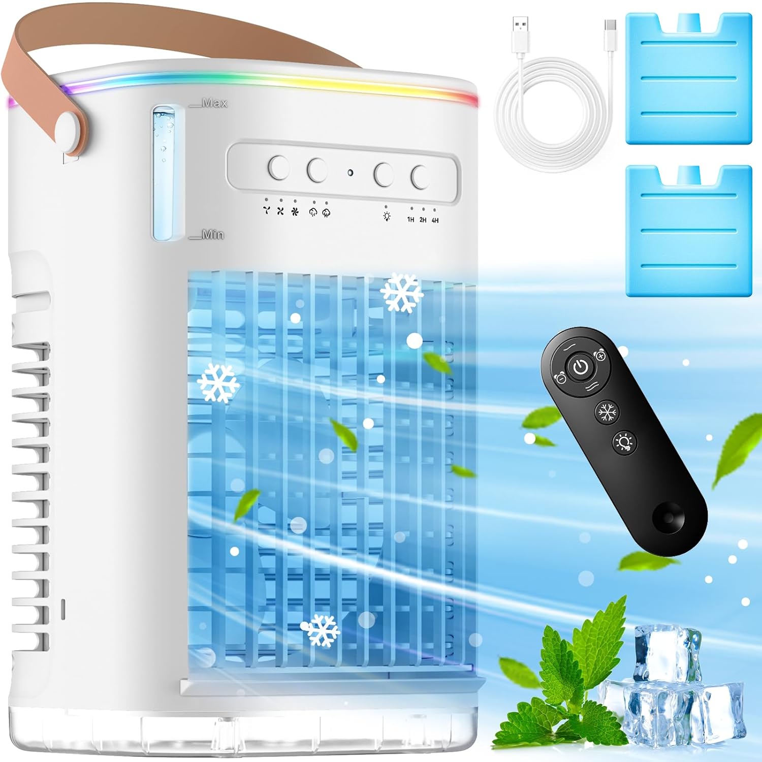 FANCOLE 4-IN-1 Small Air Conditioner w 2 Ice Packs 16 5ft Remote 1200ML Tank 7H Smart Timer 3Speed