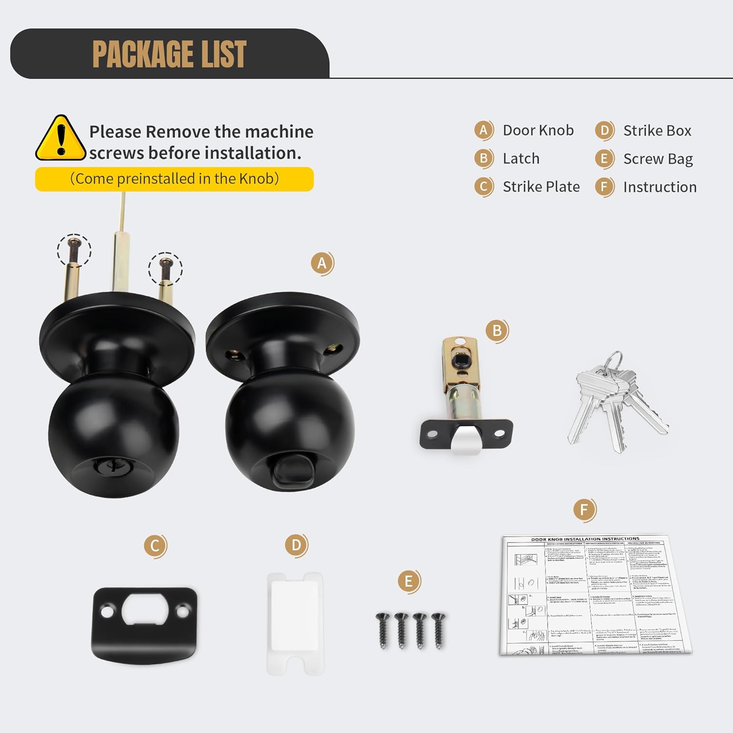Keyed Entry Door Knob, Ball Design Doorknob for Interior Exterior, Reversible Round Door Lock for Front Entrance Doors, Matte Black