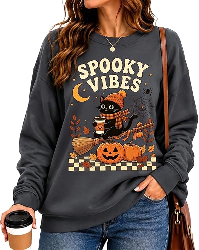 Vividcrate Women's Halloween Sweatshirts 2026 Vintage Spooky Skeleton Ghost Grap