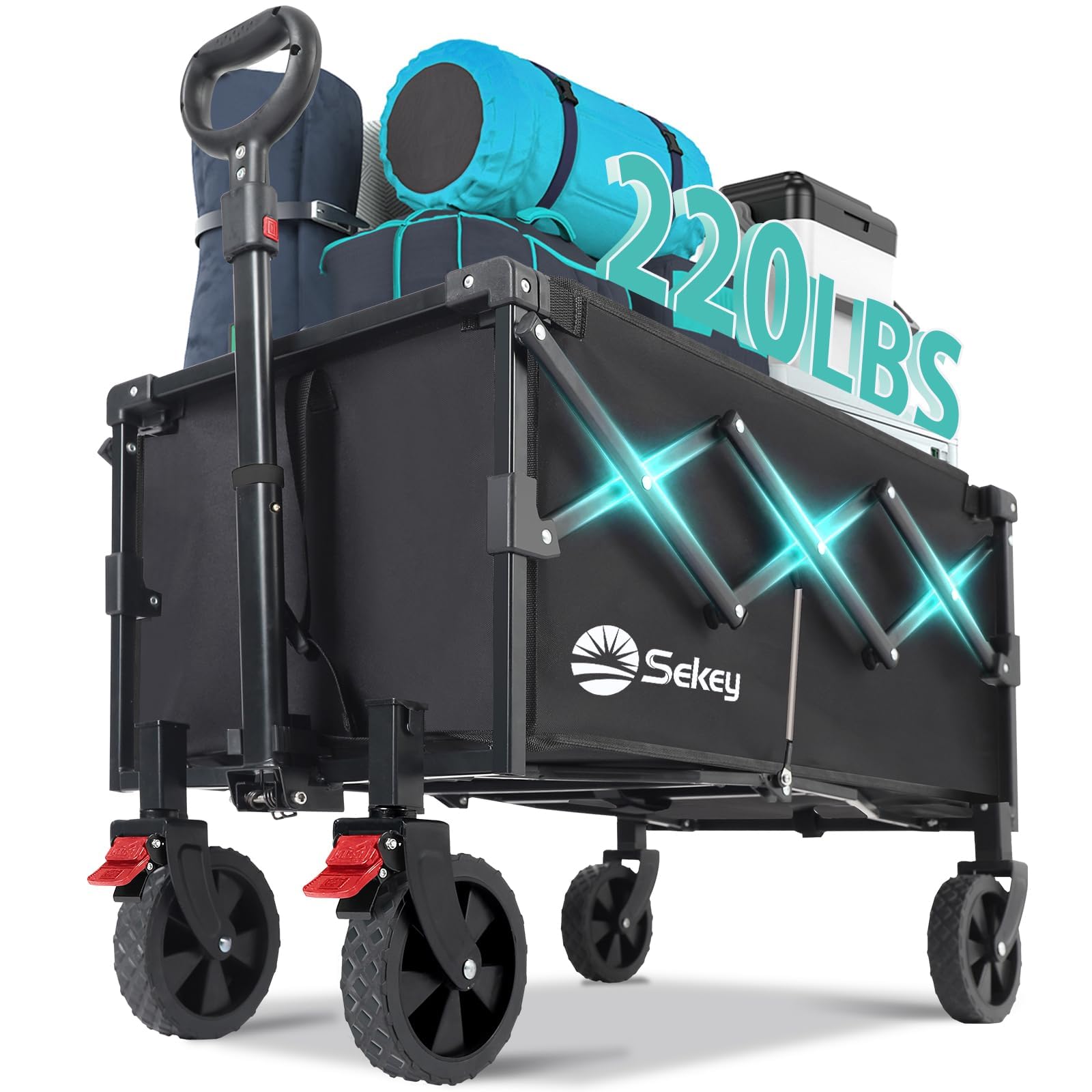 Sekey220LBS Folding Camping Trolley, Heavy Duty 100L Large Capacity Garden Wagon Cart with All-Terrain Wheels, Lightweight Outdoor Utility Foldable Festival Trolley for Grocery, Shopping, Black