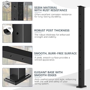 36 Black Cable Railing Post, Fixed Top Level Drilled Line Post with Cable Grommets, Surface Mount T304 Stainless Steel Wire Railing Handrail Post for Indoor Outdoor Deck Cable Railing System