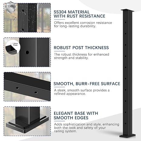 36 Black Cable Railing Post, Fixed Top Level Drilled Line Post with Cable Grommets, Surface Mount T304 Stainless Steel Wire Railing Handrail Post for Indoor Outdoor Deck Cable Railing System
