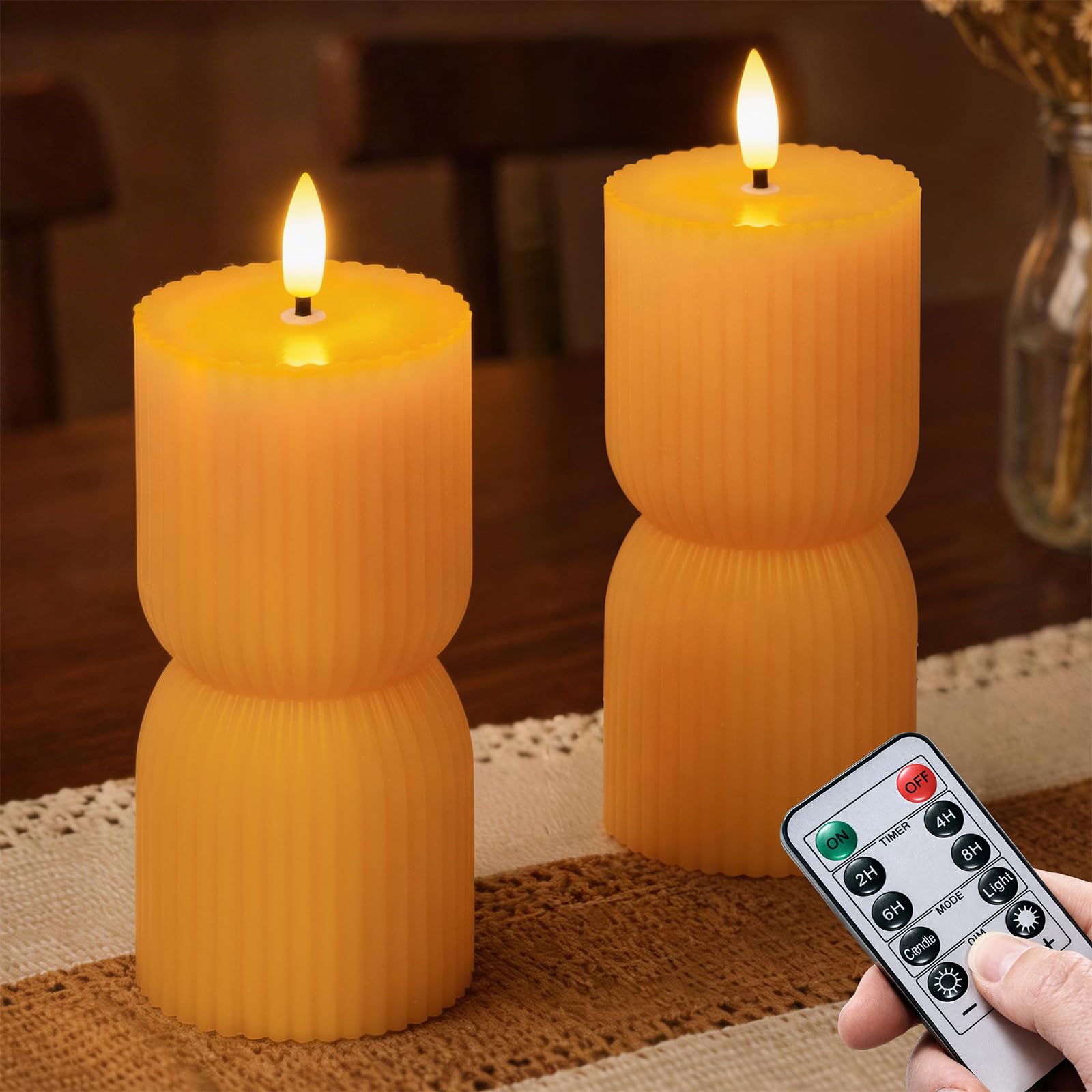 Wroxipel Yellow Flameless LED Candles with Remote, Pack of 2 Pillar Ribbed Real Wax Flickering Electric 3D Wick Warm Light Battery Operated Fake Timer Function 7 cm x 15 cm Home Decor